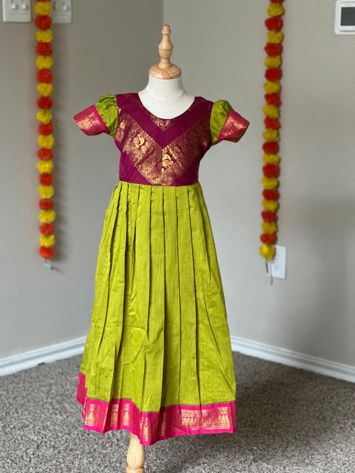 Kalyani Cotton Kids Full-Length Maxi | Contrast Cross Pattern Yoke with Golden Zari Border -