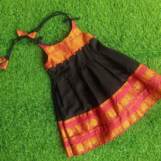 Narayanapet Infant Tie-Up Frock with Zari Border & Potly Button Detailing