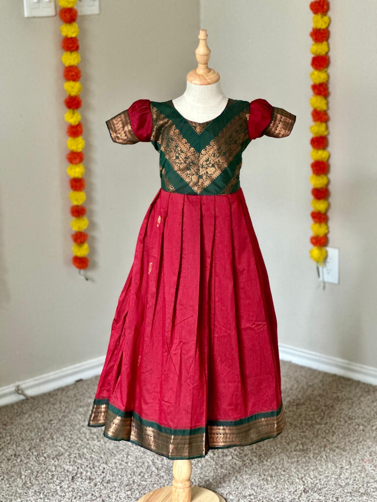 Kalyani Cotton Kids Full-Length Maxi | Contrast Cross Pattern Yoke with Golden Zari Border -