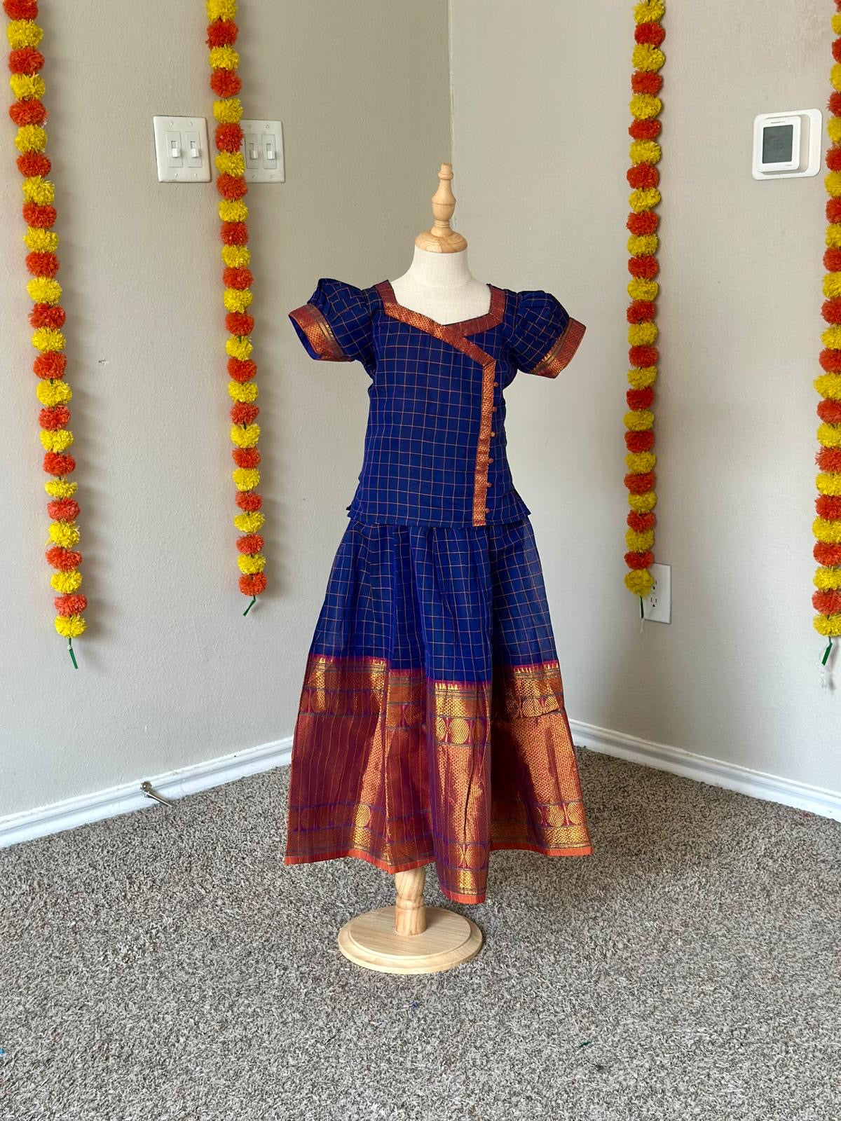 Narayanapet Cotton Kids Skirt & Top | Checked Pattern with Golden Zari Border & Puff Sleeve Top