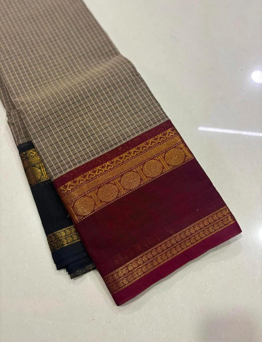 Stunning Kanchi Cotton Saree with ganga jamuna borders, perfect for temple, wedding & festive wear - DJ Fashion