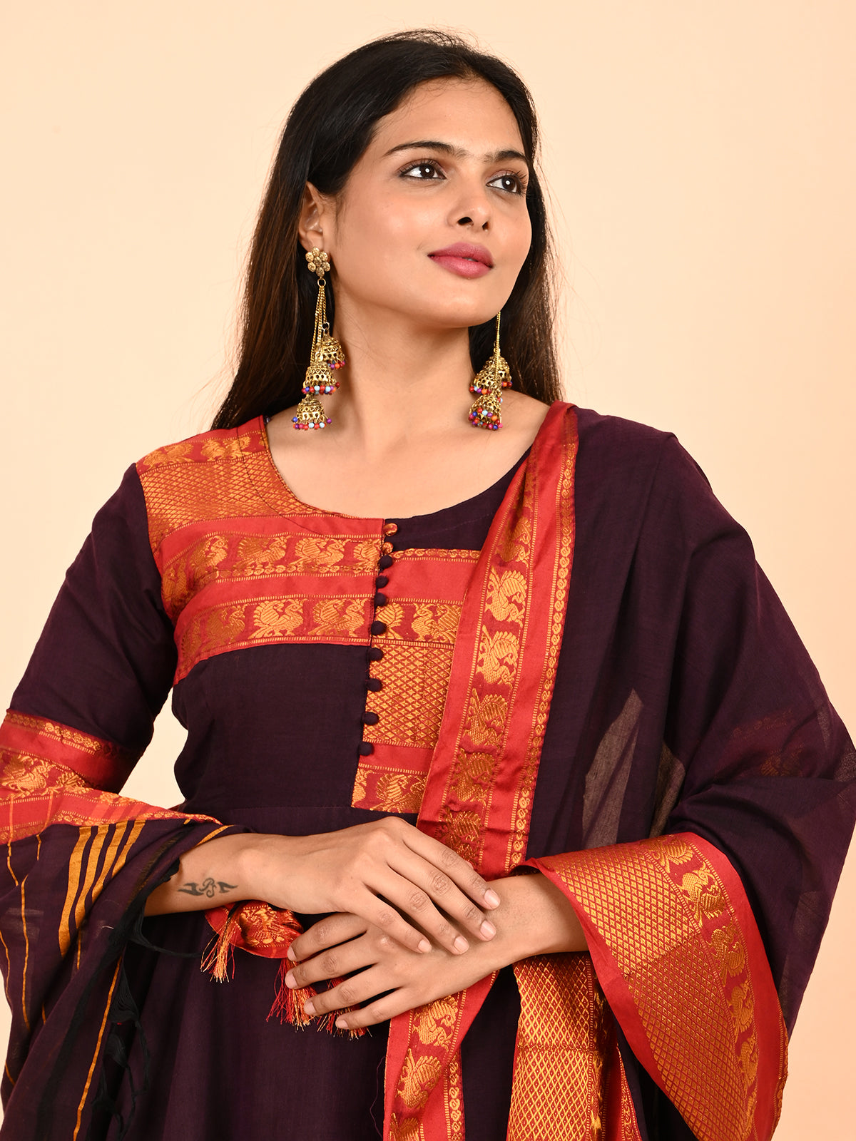 Narayanpet Zari Anarkali Top with Shawl  brown color