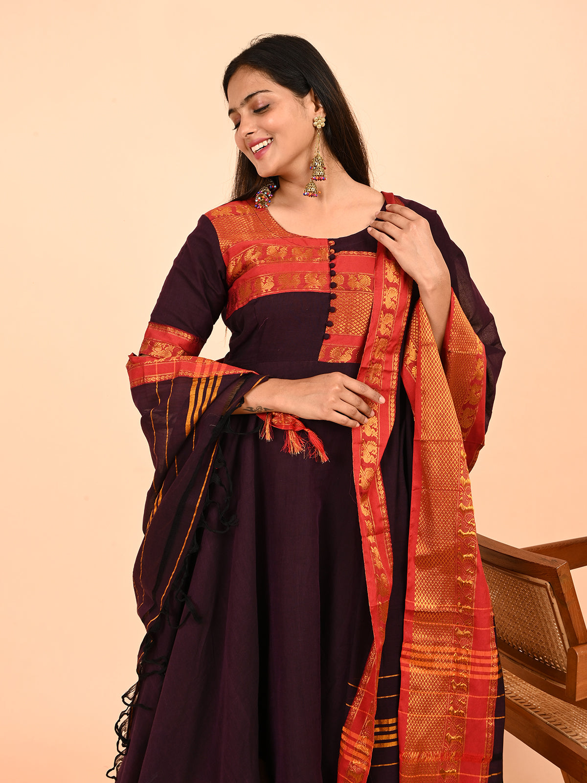 Narayanpet Zari Anarkali Top with Shawl  brown color