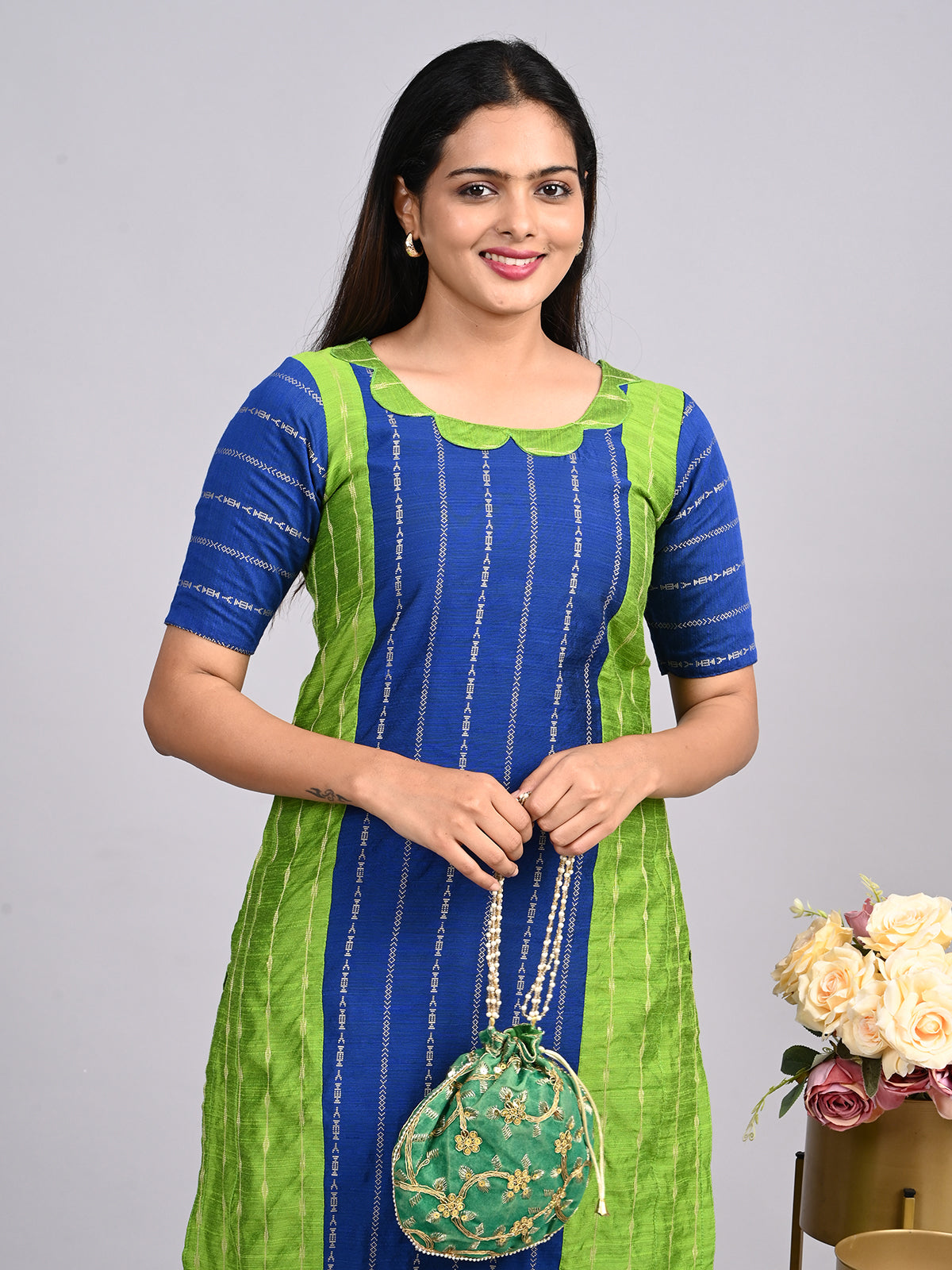 Royal Blue & Parrot Green Thread Zari 2-Piece Set | Elegant Scalp Neck Outfit with Full Lining
