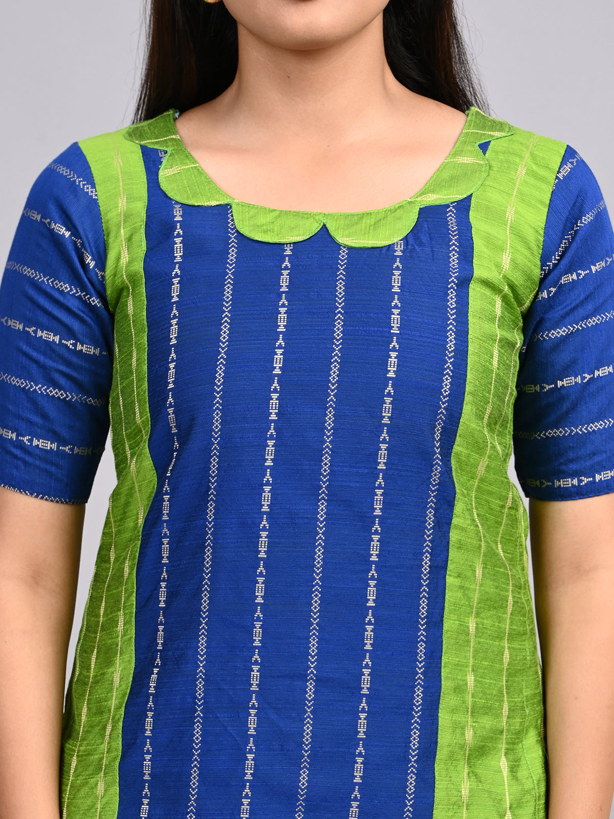 Royal Blue & Parrot Green Thread Zari 2-Piece Set | Elegant Scalp Neck Outfit with Full Lining