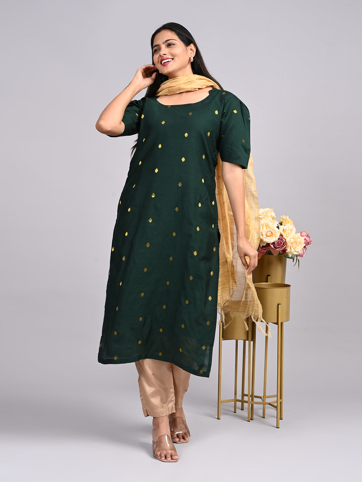 Bottle Green Raw Silk 3-Piece Set | Elegant Traditional Outfit with Subtle Sheen