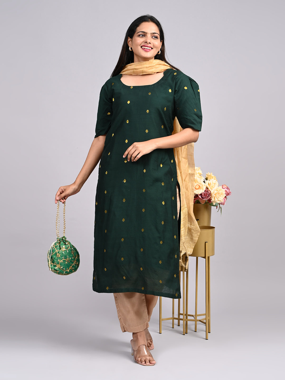 Bottle Green Raw Silk 3-Piece Set | Elegant Traditional Outfit with Subtle Sheen