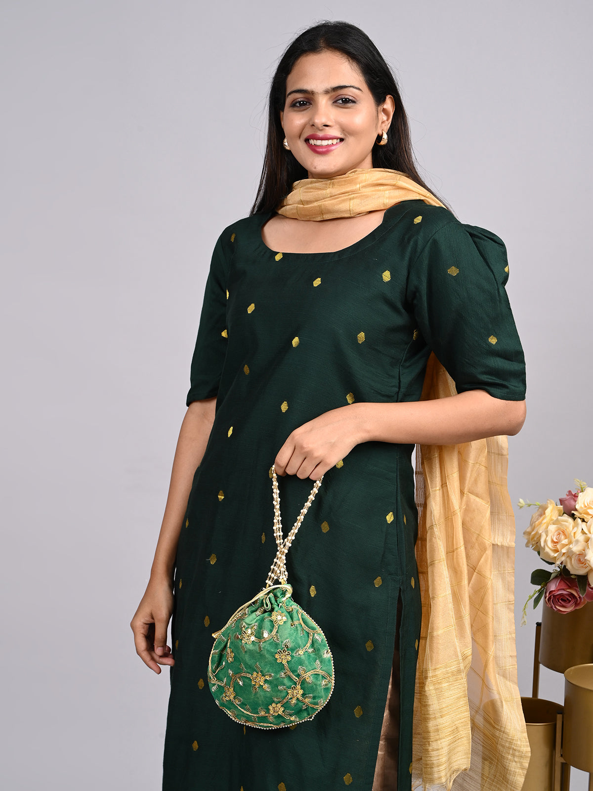 Bottle Green Raw Silk 3-Piece Set | Elegant Traditional Outfit with Subtle Sheen