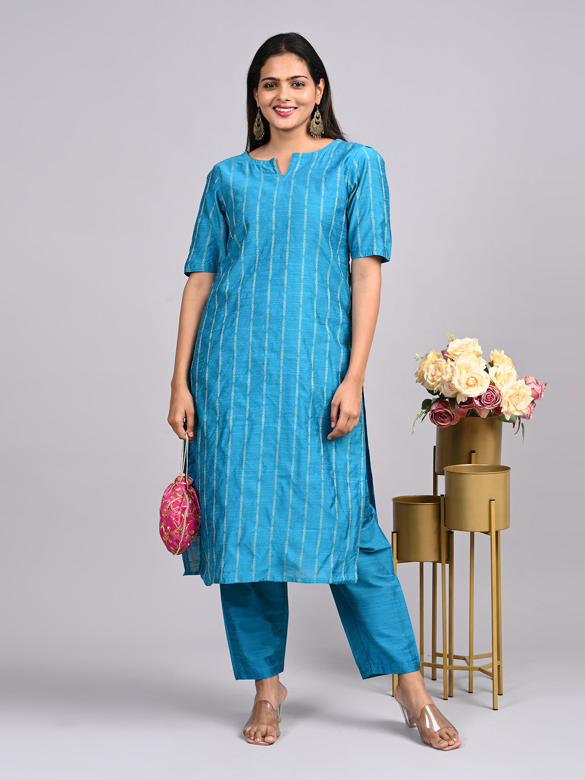 Teal Blue Raw Silk 2-Piece Co-Ord Set