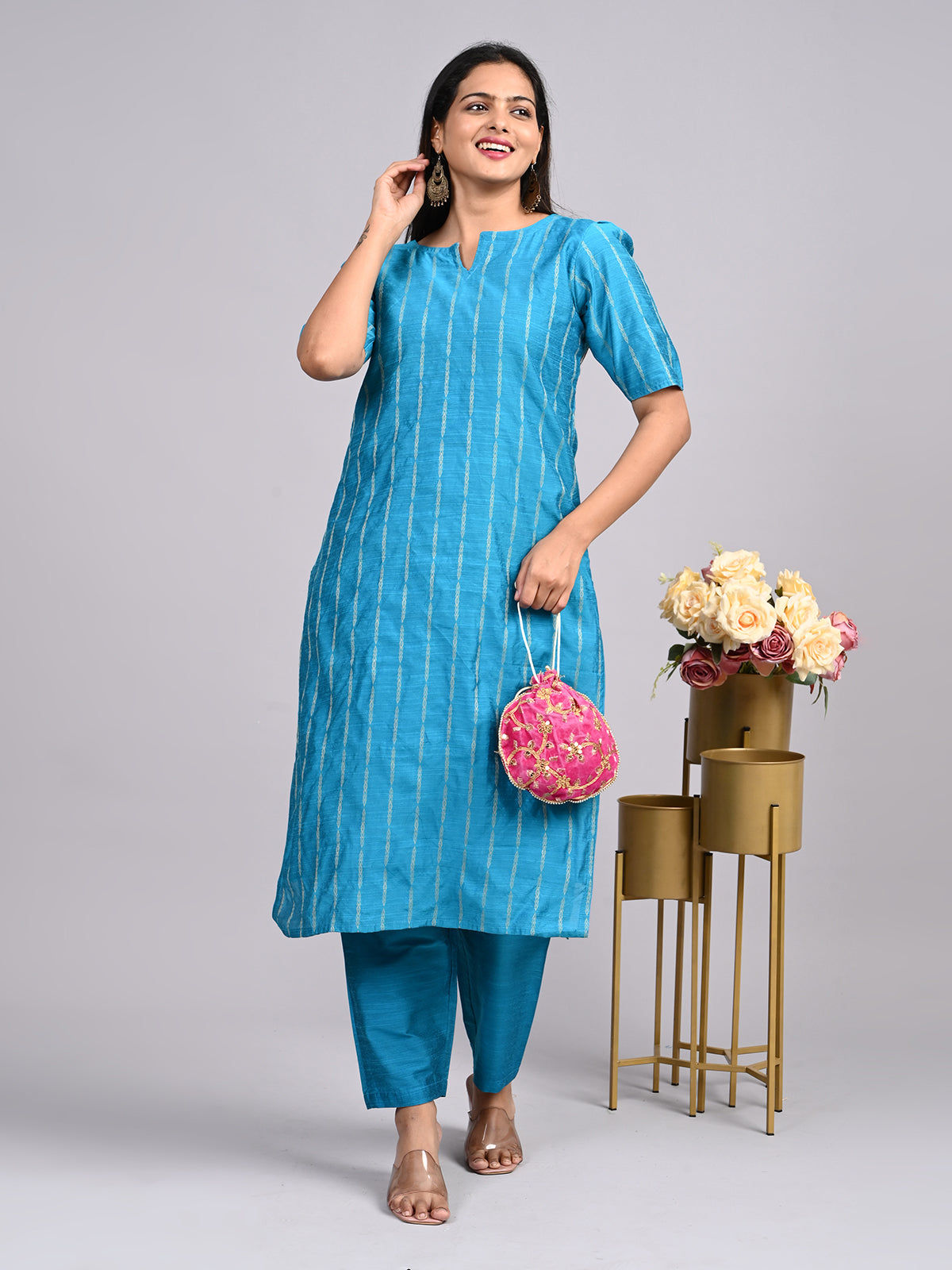 Teal Blue Raw Silk 2-Piece Co-Ord Set