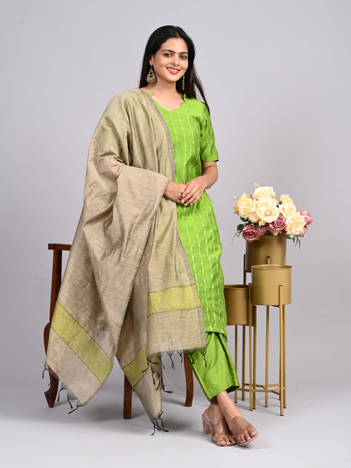 Lime Green Thread Zari Suit Set | Contrast Jacquard Weaving Dupatta with Matching Pants