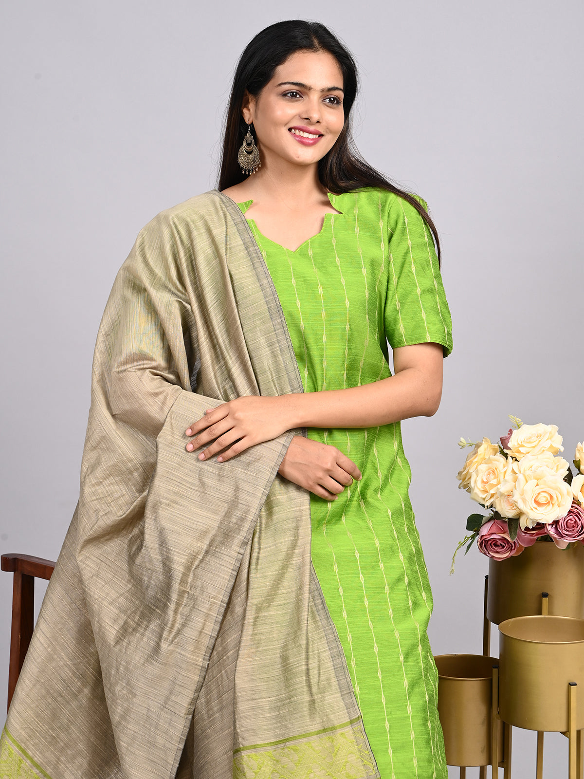 Lime Green Thread Zari Suit Set | Contrast Jacquard Weaving Dupatta with Matching Pants