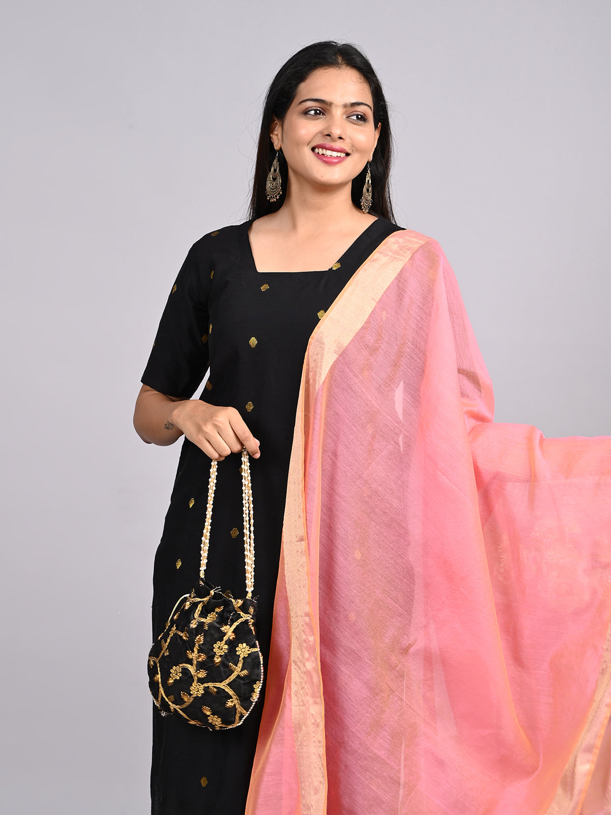 Black Raw Silk 3-Piece Set | Elegant Traditional Outfit with Subtle Sheen
