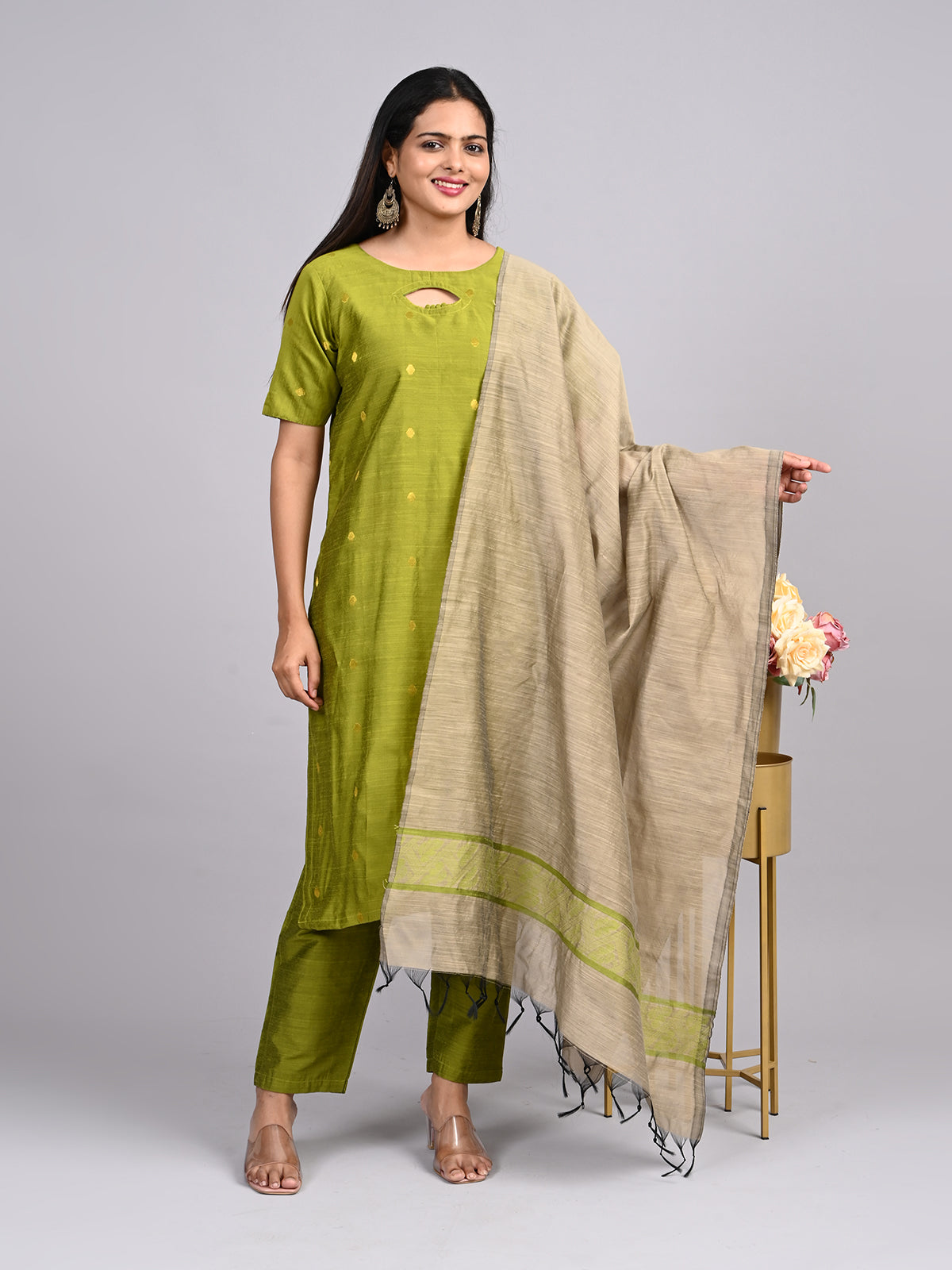 Light Olive Green Suit Set | Keyhole Neck with Handmade Pottly Balls & Contrast Jacquard Weaving Shawl