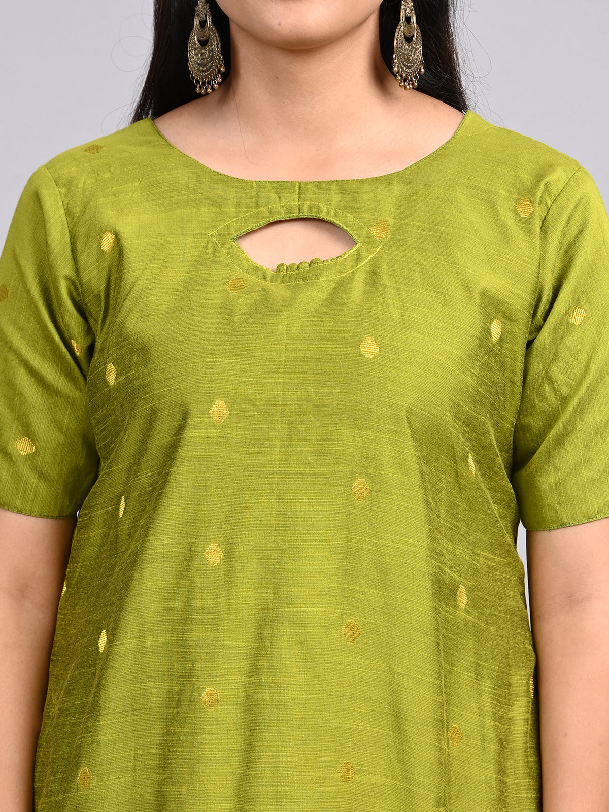 Light Olive Green Suit Set | Keyhole Neck with Handmade Pottly Balls & Contrast Jacquard Weaving Shawl