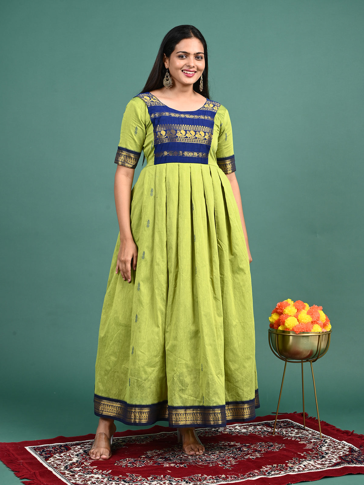 Kalyani Cotton Maxi Gown – Parette Green & Royal Blue