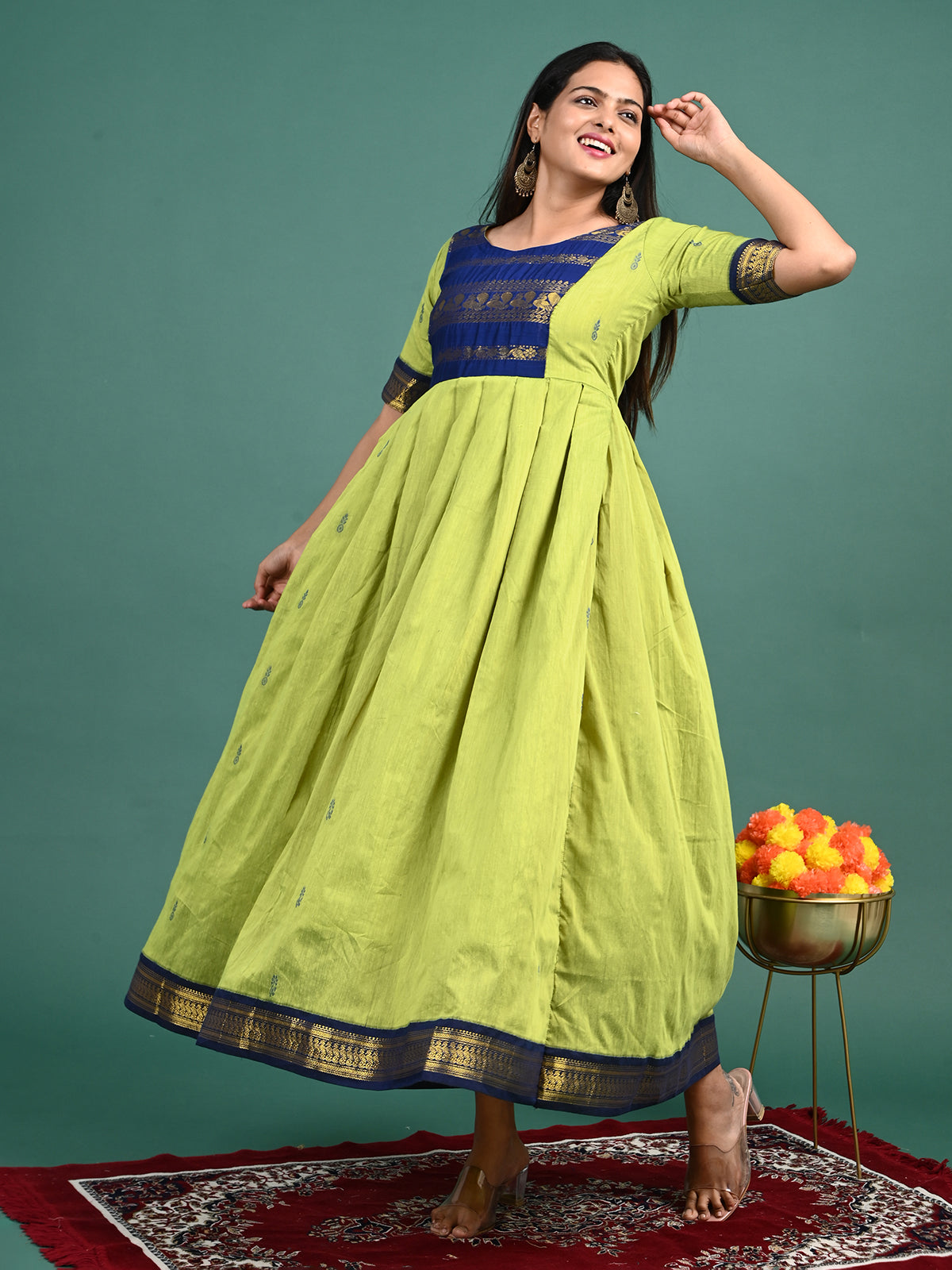 Kalyani Cotton Maxi Gown – Parette Green & Royal Blue