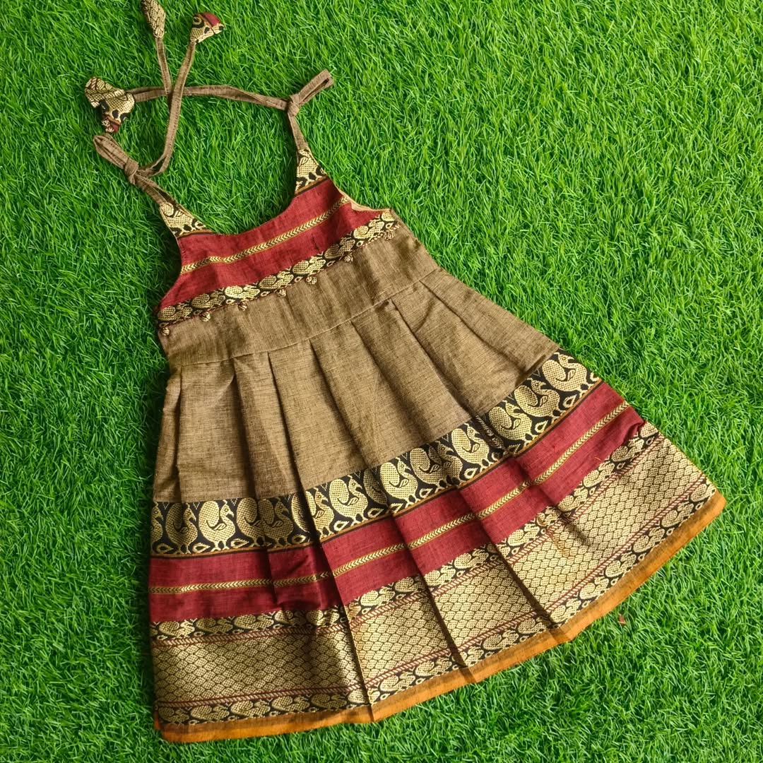 Handcrafted Chettinad Cotton Infant Tie-Up Frock with Annam Motifs