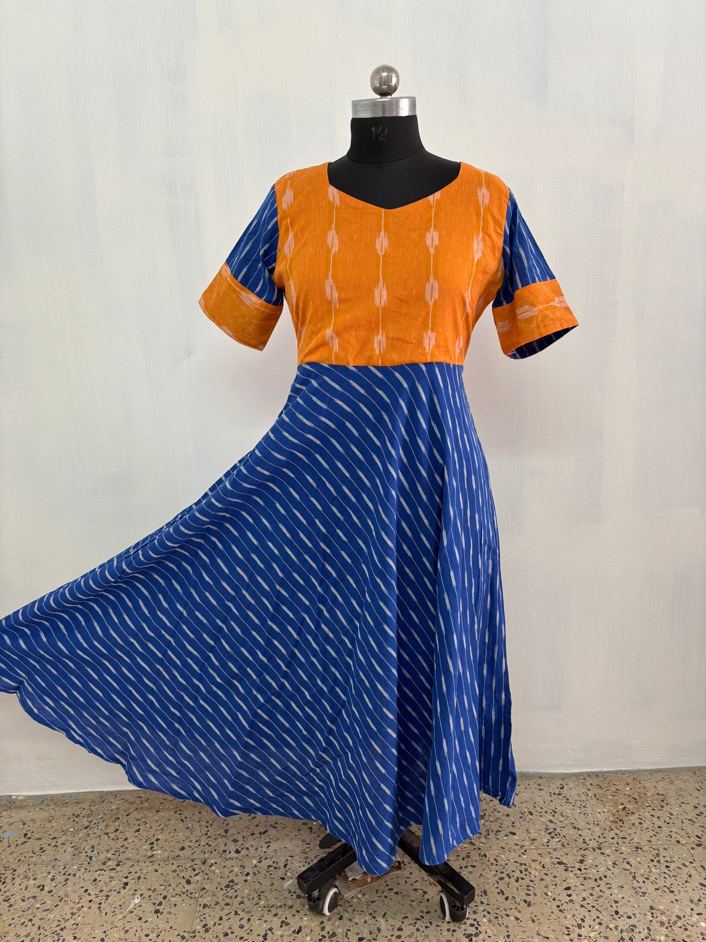 Elegant Ikkat Cotton Umbrella Maxi – Contrast Yoke & Flowy Silhouette