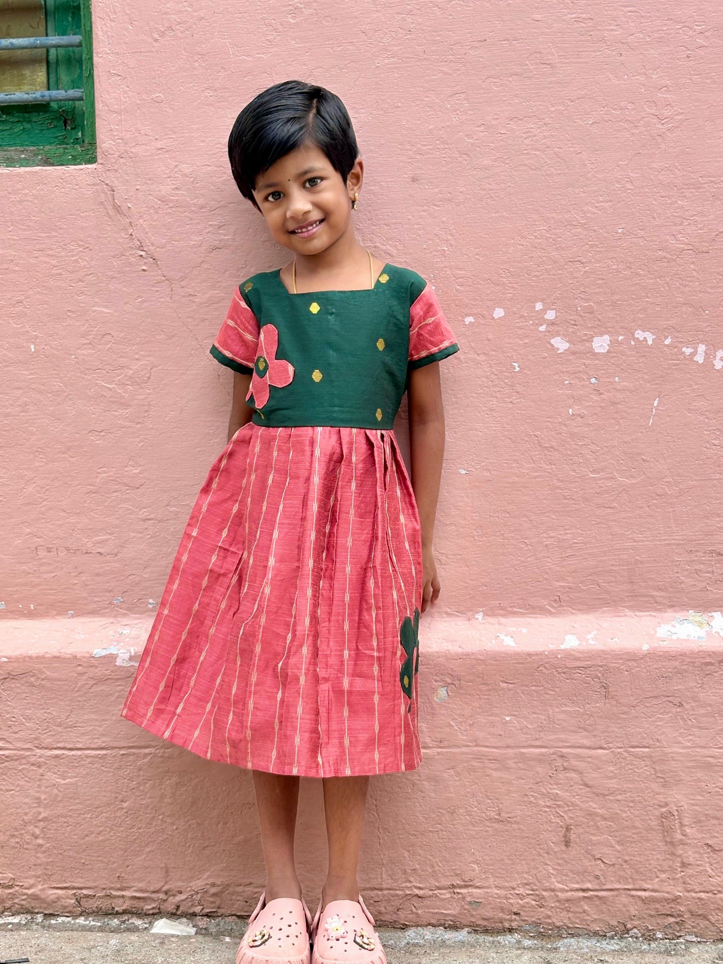 Kids Ethnic Frock - Raw silk with thread Zari - Dark green and Peach pink with Floral applique