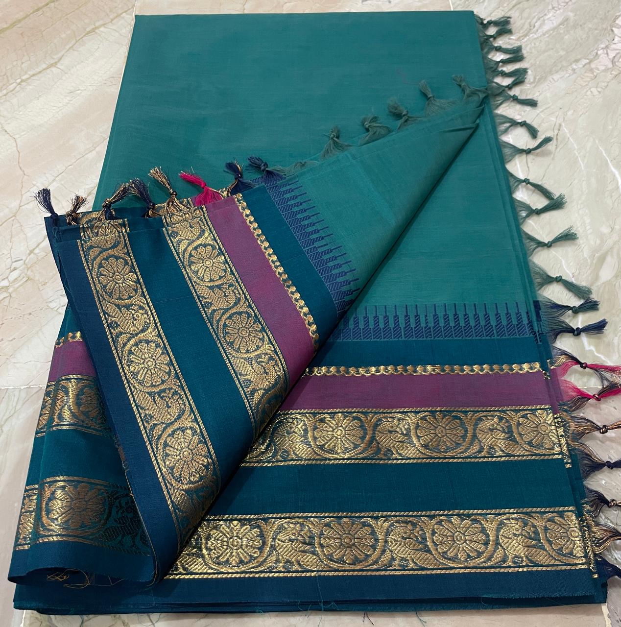 Traditional Kanchi Cotton Saree with intricate Kanchi border, perfect for festivals and ethnic occasions - DJ Fashion