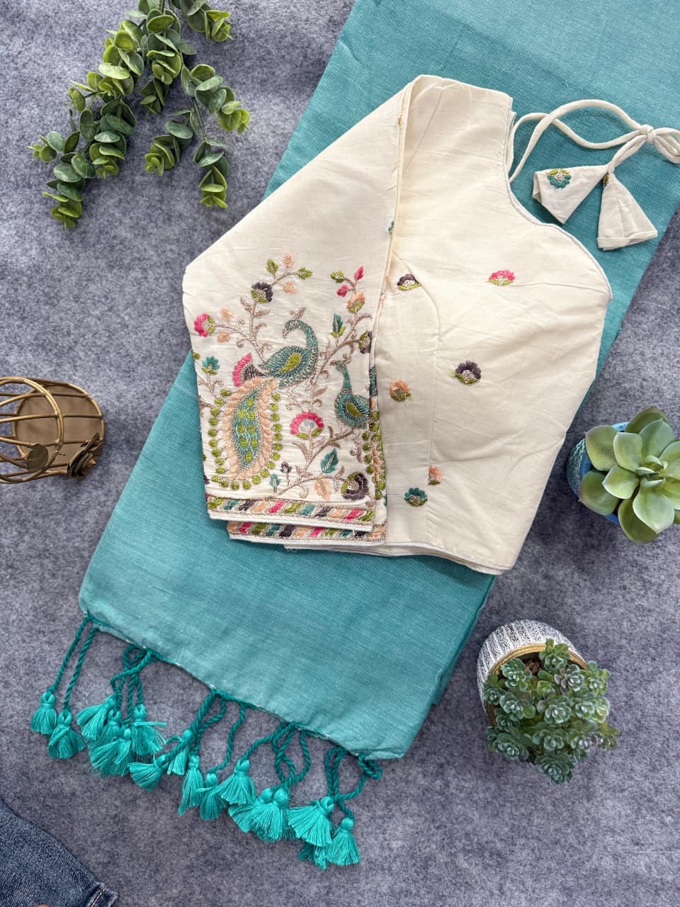 Stunning sky blue mul cotton silk saree with attached embroidery work blouse , office wear & family gatherings - DJ Fashion