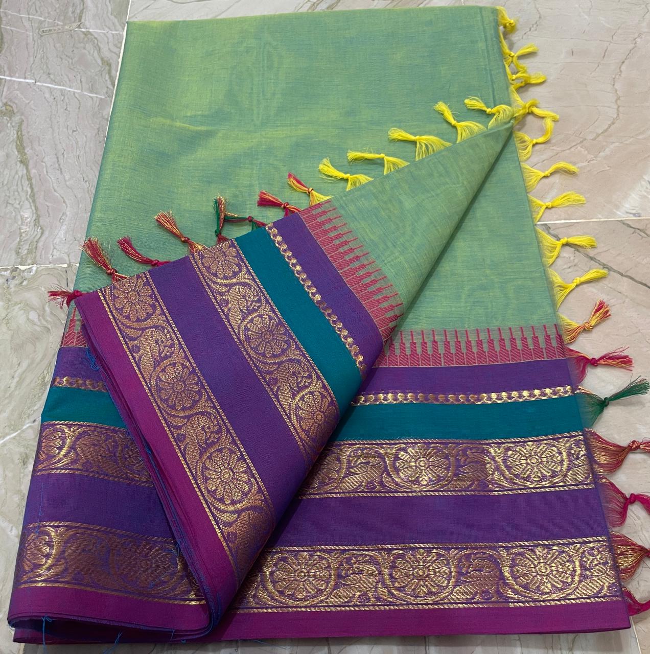 Elegant Kanchi Cotton Saree with rich traditional Kanchi border and 100-count cotton fabric, without blouse - DJ Fashion
