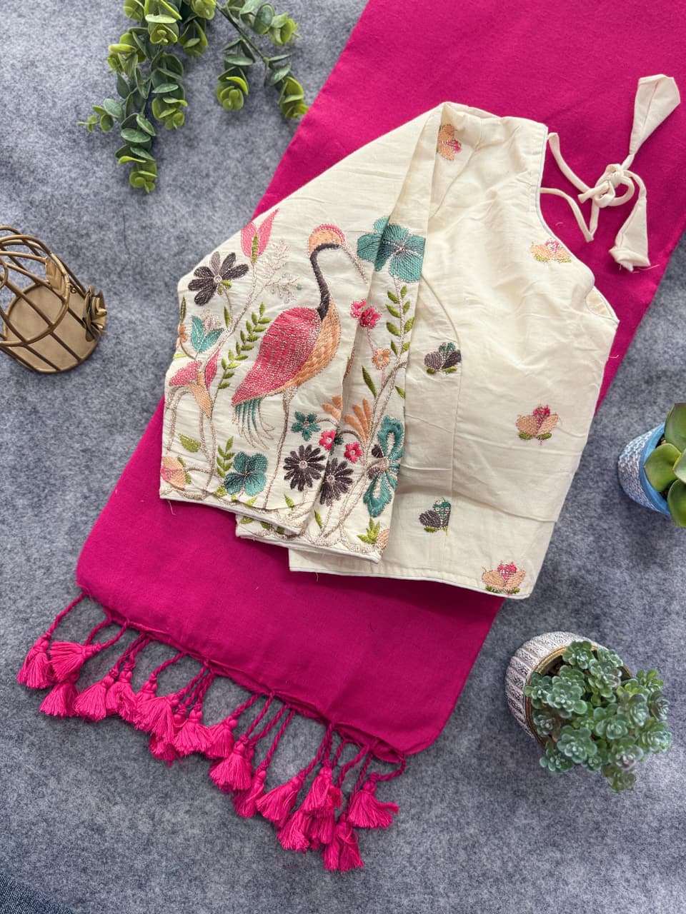 Casual wear Pink mul cotton silk saree with attached embroidery work blouse , Perfect for Festive celebrations and traditional functions - DJ Fashion