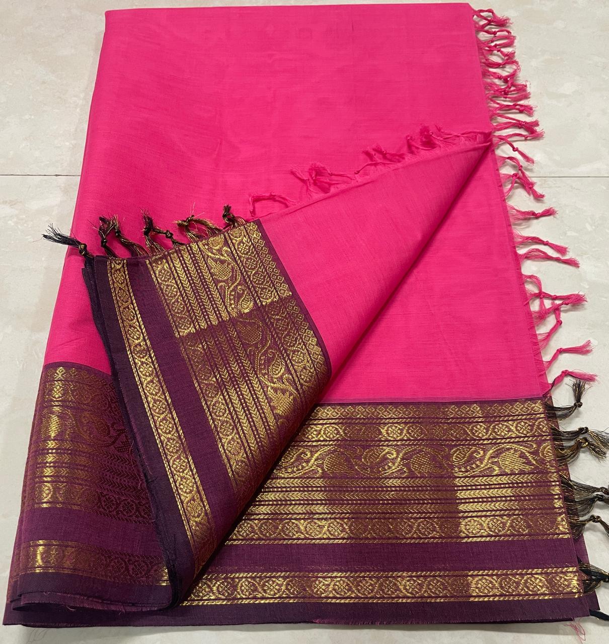 Premium Kanchi Cotton Saree with rich Kanchi border, 100-count soft cotton fabric, without blouse piece, perfect for festive and traditional wear - DJ Fashion