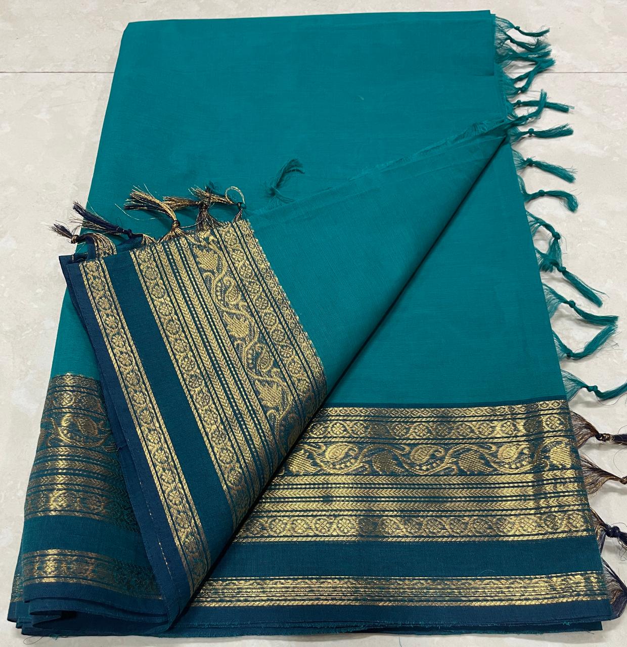 Elegant Kanchi Cotton Saree with rich traditional Kanchi border and 100-count cotton fabric, without blouse - DJ Fashion