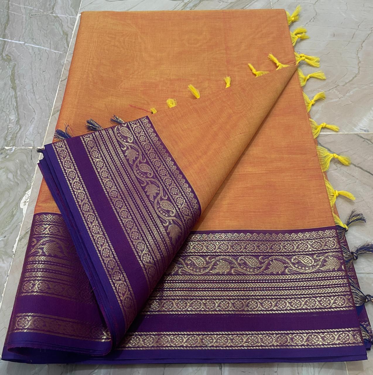 Classic Kanchi Cotton Saree in fine 100-count weave, featuring premium Kanchi border design for festive wear - DJ Fashion