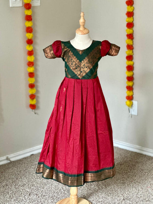 Kalyani Cotton Kids Full-Length Maxi | Contrast Cross Pattern Yoke with Golden Zari Border -