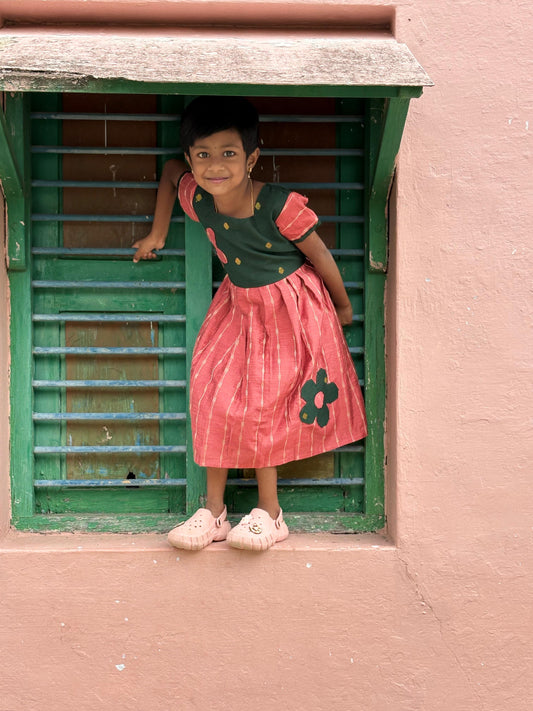 Kids Ethnic Frock - Raw silk with thread Zari - Dark green and Peach pink with Floral applique