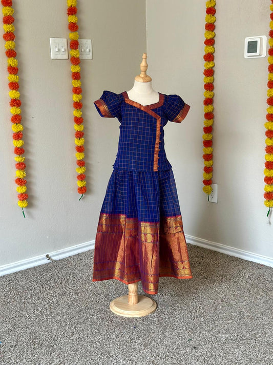 Narayanapet Cotton Kids Skirt & Top | Checked Pattern with Golden Zari Border & Puff Sleeve Top