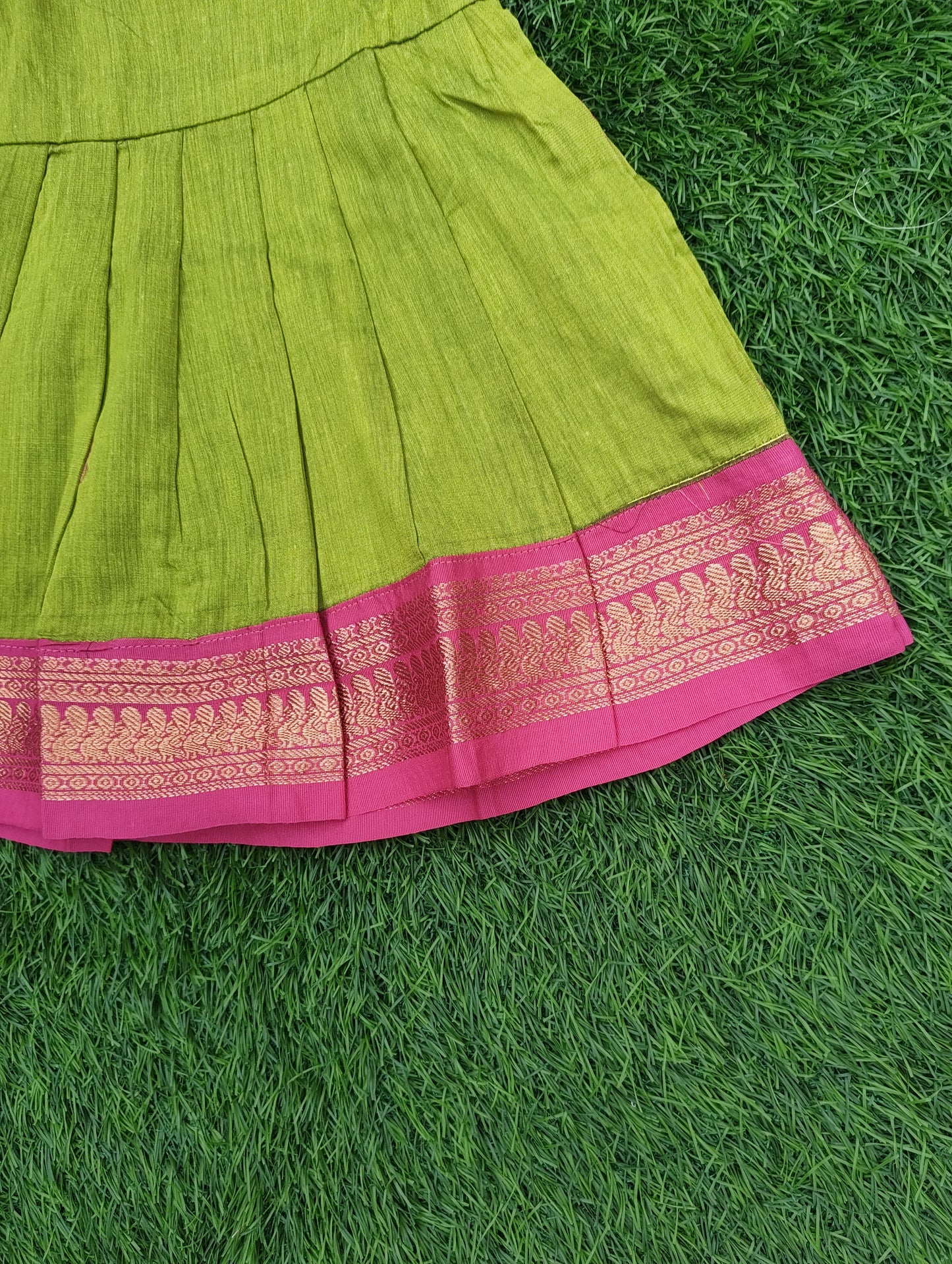 Kalyani Cotton Infants Tie-Up Strap Dress – Parrot Green & Pink Combo