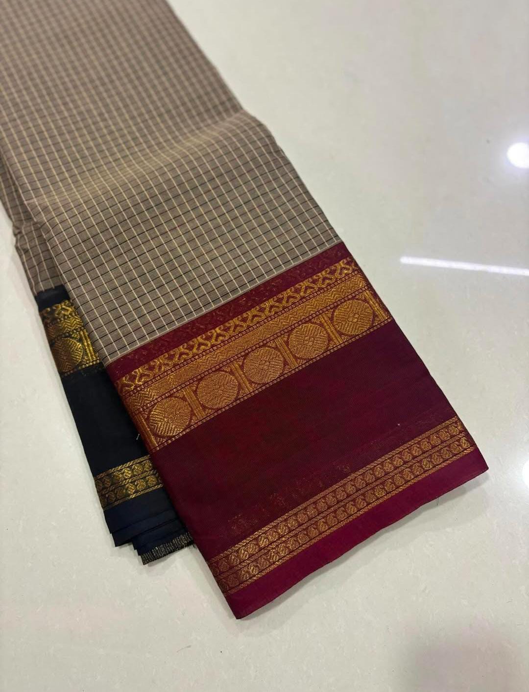Stunning Kanchi Cotton Saree with ganga jamuna borders, perfect for temple, wedding & festive wear - DJ Fashion