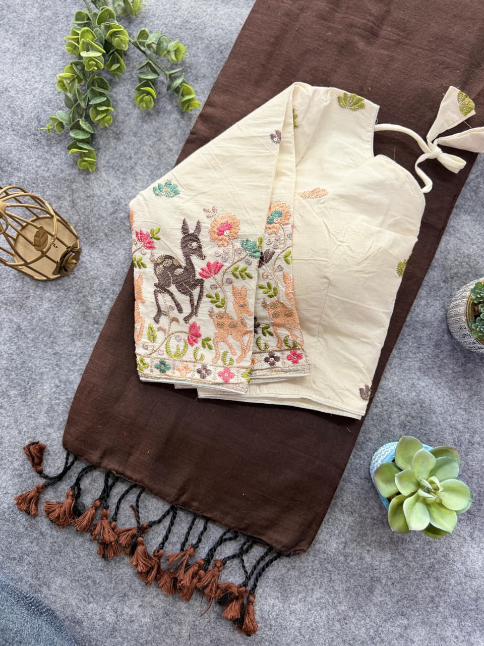 Traditional brown mul cotton silk saree with attached embroidery work blouse , office wear & family gatherings - DJ Fashion