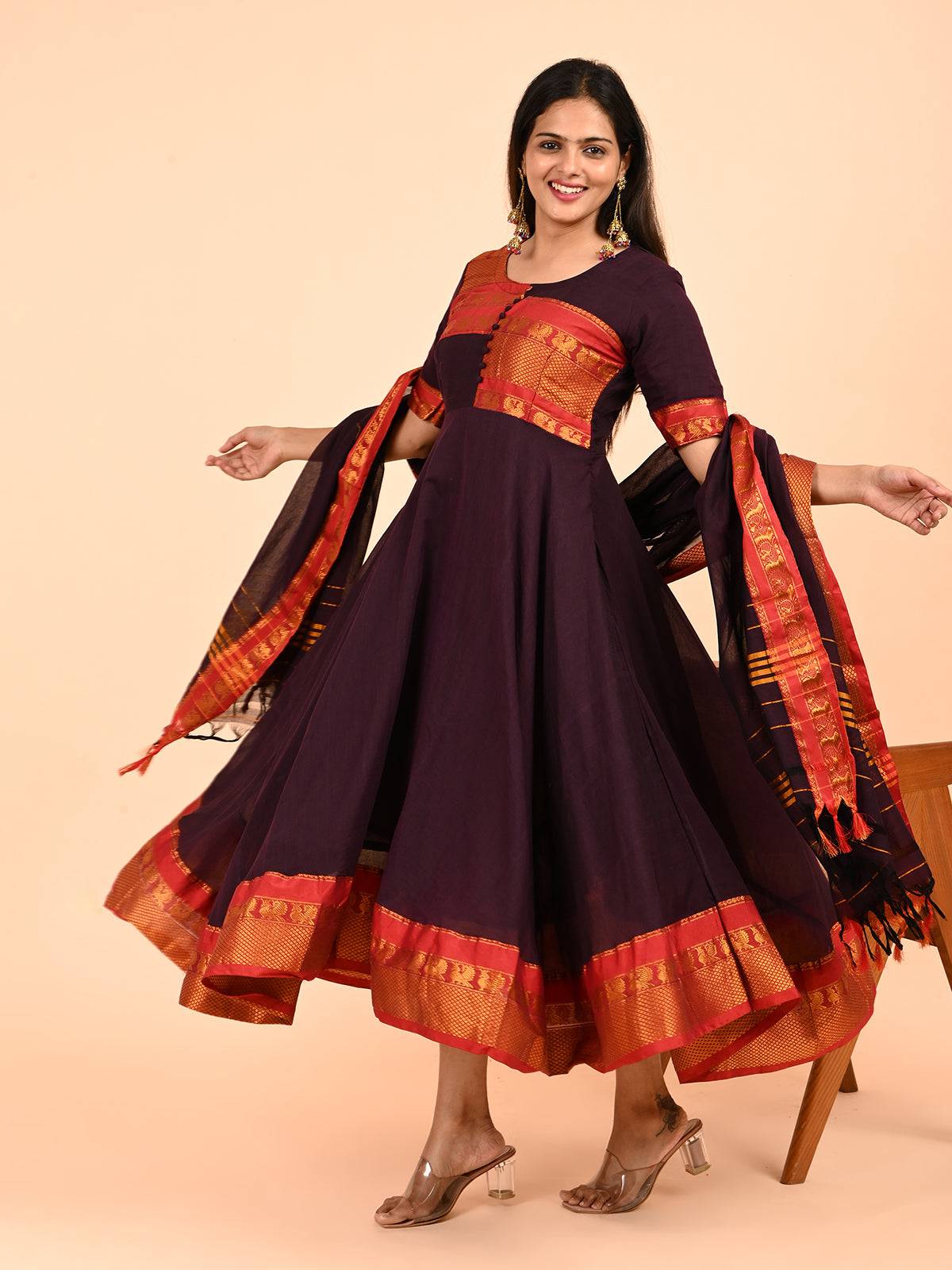 Narayanpet Zari Anarkali Top with Shawl  brown color
