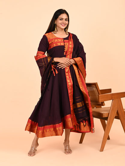 Narayanpet Zari Anarkali Top with Shawl  brown color