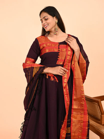 Narayanpet Zari Anarkali Top with Shawl  brown color