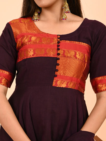 Narayanpet Zari Anarkali Top with Shawl  brown color