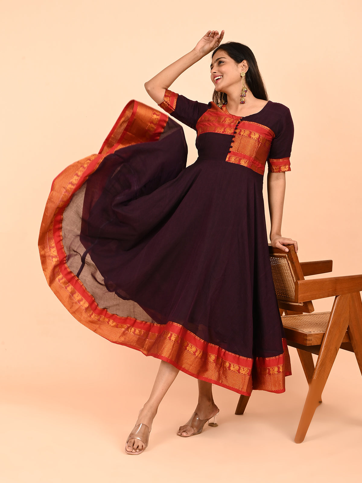 Narayanpet Zari Anarkali Top with Shawl  brown color