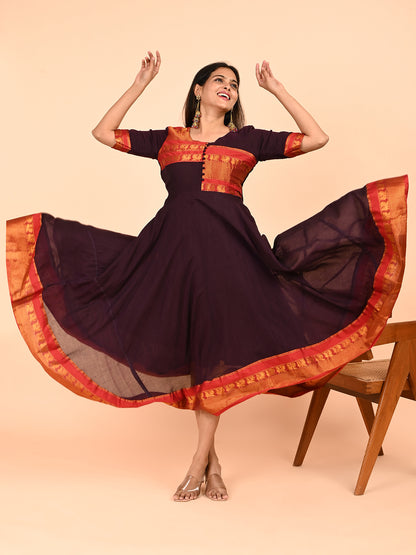 Narayanpet Zari Anarkali Top with Shawl  brown color