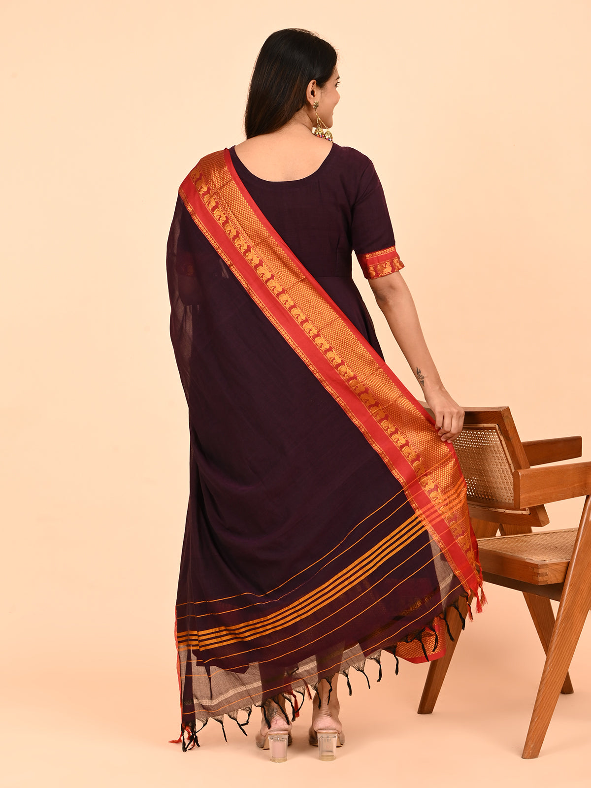 Narayanpet Zari Anarkali Top with Shawl  brown color