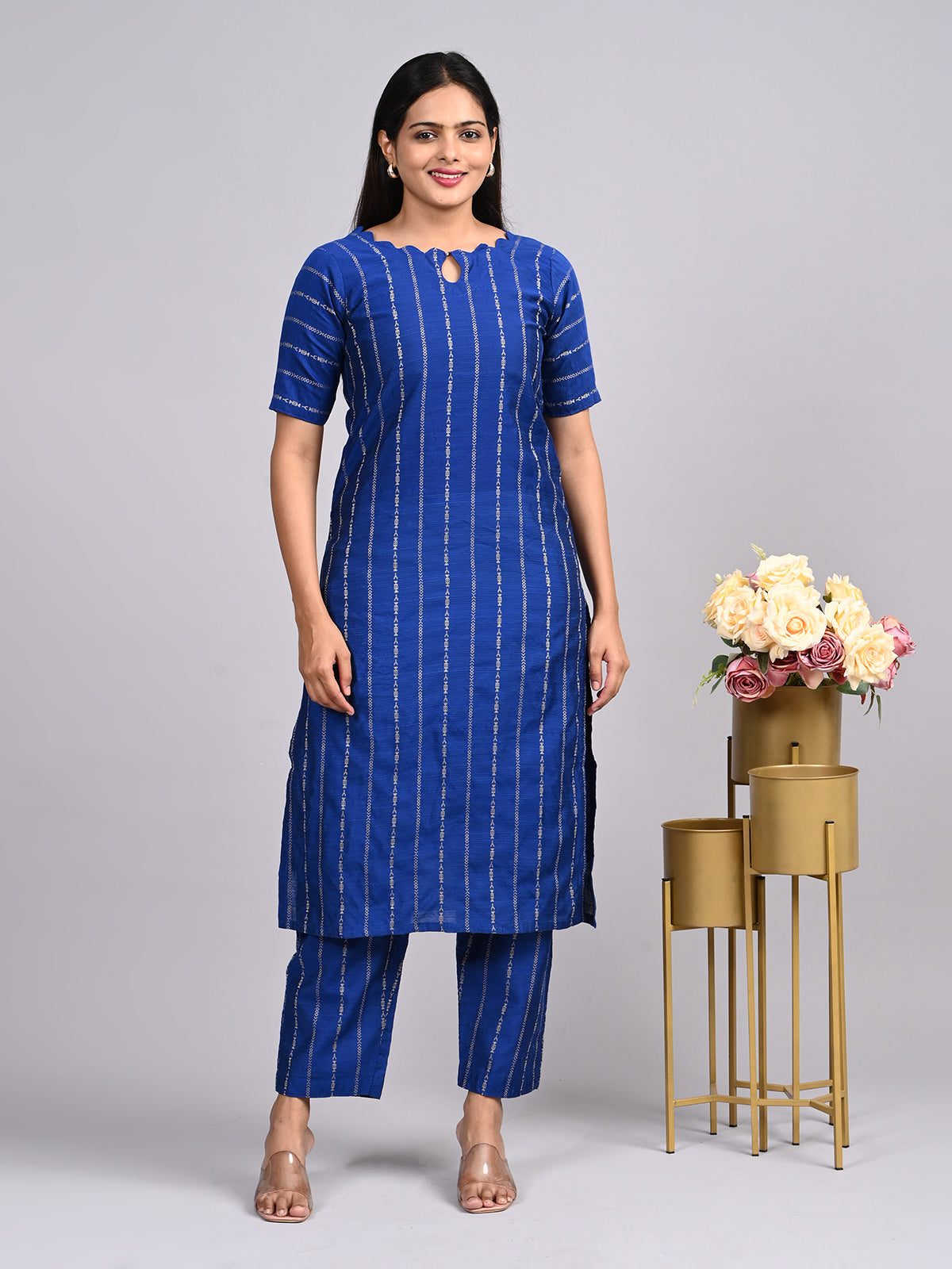 Royal Blue Raw Silk 2-Piece Set | Elegant Monotone Corporate Outfit with Thread Zari Work