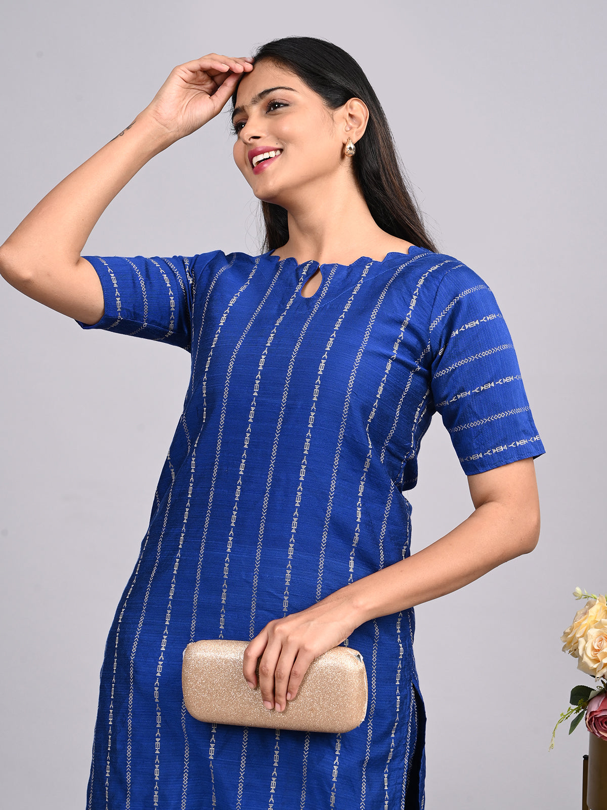 Royal Blue Raw Silk 2-Piece Set | Elegant Monotone Corporate Outfit with Thread Zari Work