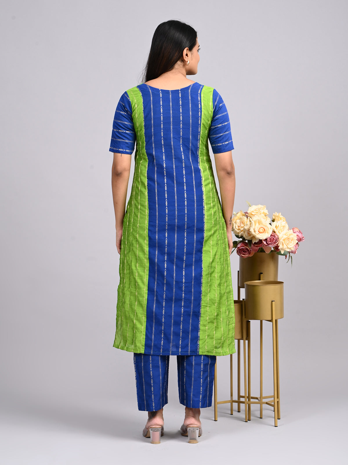Royal Blue & Parrot Green Thread Zari 2-Piece Set | Elegant Scalp Neck Outfit with Full Lining