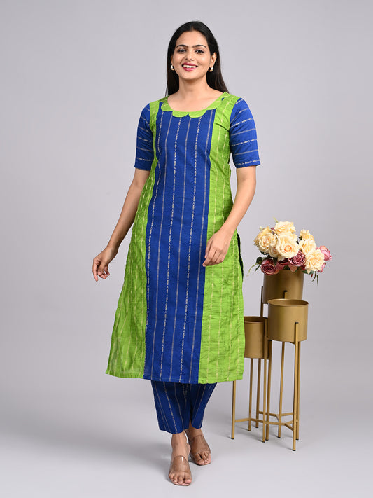 Royal Blue & Parrot Green Thread Zari 2-Piece Set | Elegant Scalp Neck Outfit with Full Lining