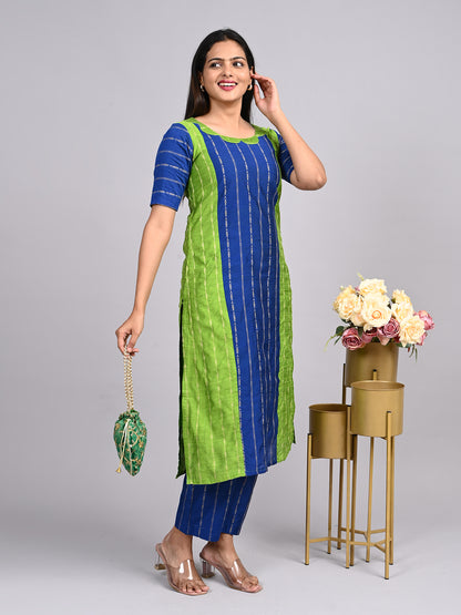 Royal Blue & Parrot Green Thread Zari 2-Piece Set | Elegant Scalp Neck Outfit with Full Lining