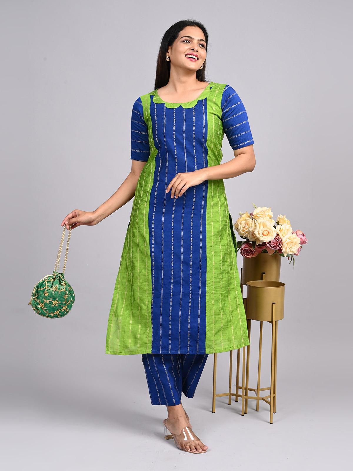 Royal Blue & Parrot Green Thread Zari 2-Piece Set | Elegant Scalp Neck Outfit with Full Lining